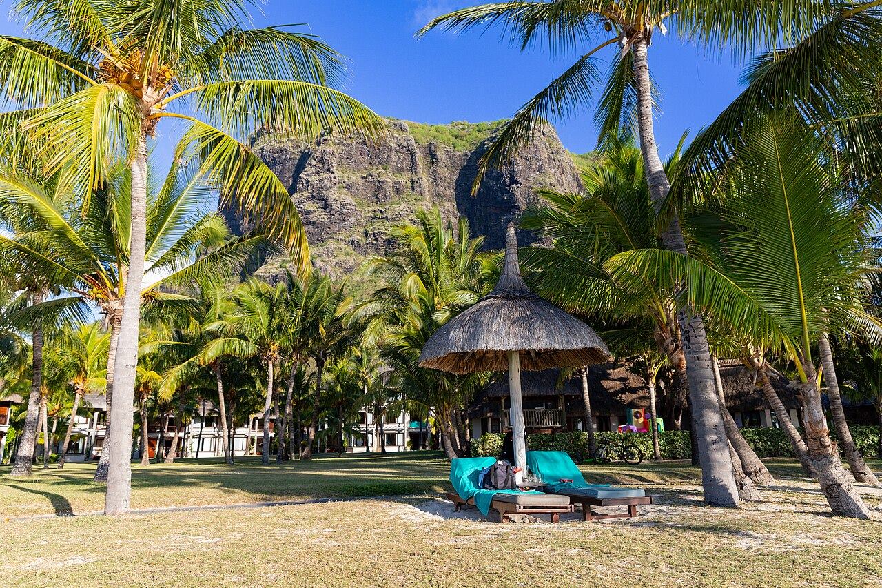 Le Morne Brabant mountain behind a tropical beach in Mauritius